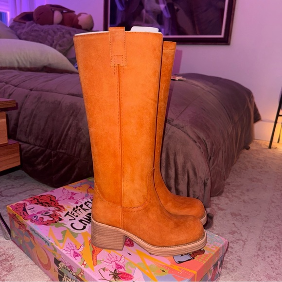 JEFFREY CAMPBELL Reflect-Hi Frye Campus Camel Brown Knee-High Leather Boots 8 - Picture 6 of 13